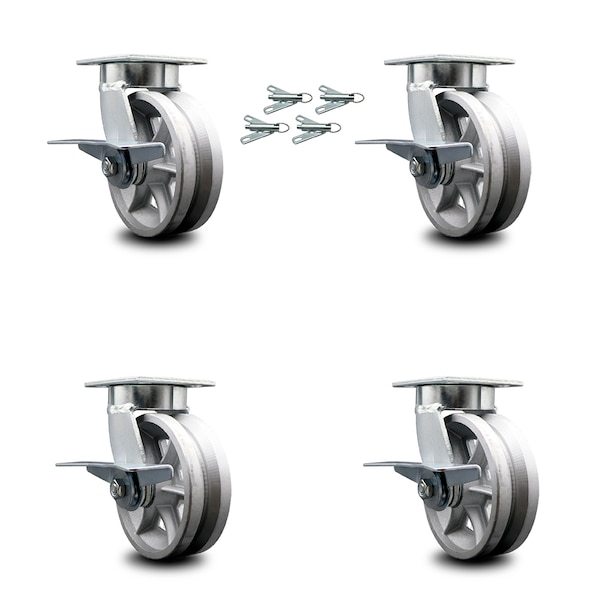 6 Inch Kingpinless V Groove Semi Steel Wheel Caster Set with Brake & Swivel Lock